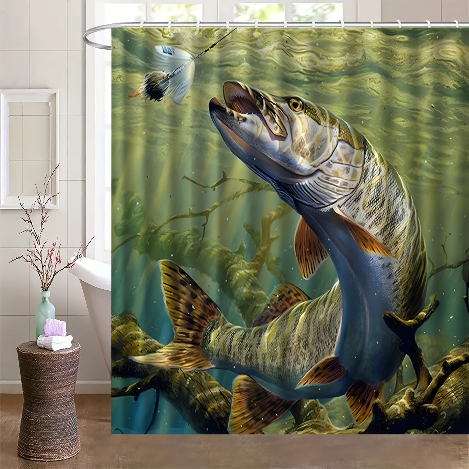 

Water-resistant Polyester Bath With Vibrant Fish Print, Machine Washable, Includes 12 Hooks, Knit Fabric Bathtub Divider For Home Bathroom Decor, Animal And Nature-themed Room Accessory