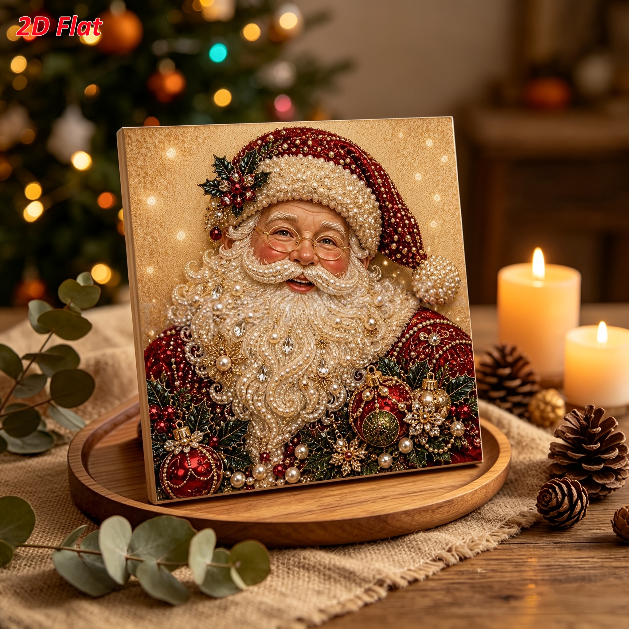 TEMU 2d Flat Frameless Pearl Diamond Painting Kit, Santa Theme, 2 Sizes , Pre-printed Canvas, Easy For Beginners, Festive Decor Painting, Creative