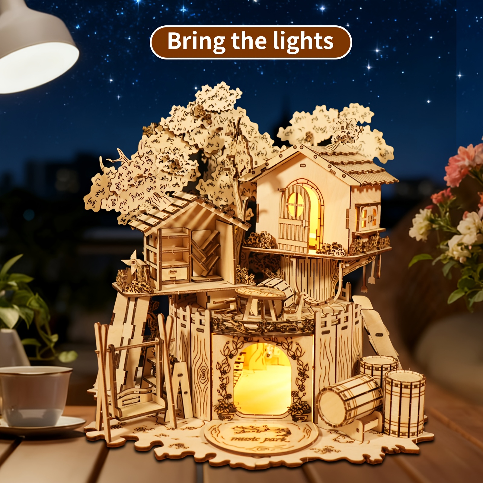 Image of 3d Wooden Puzzle Tree House With Light Handmade Crafts Assembly Model Kits Creative Decoration Birthday And Christmas Gifts