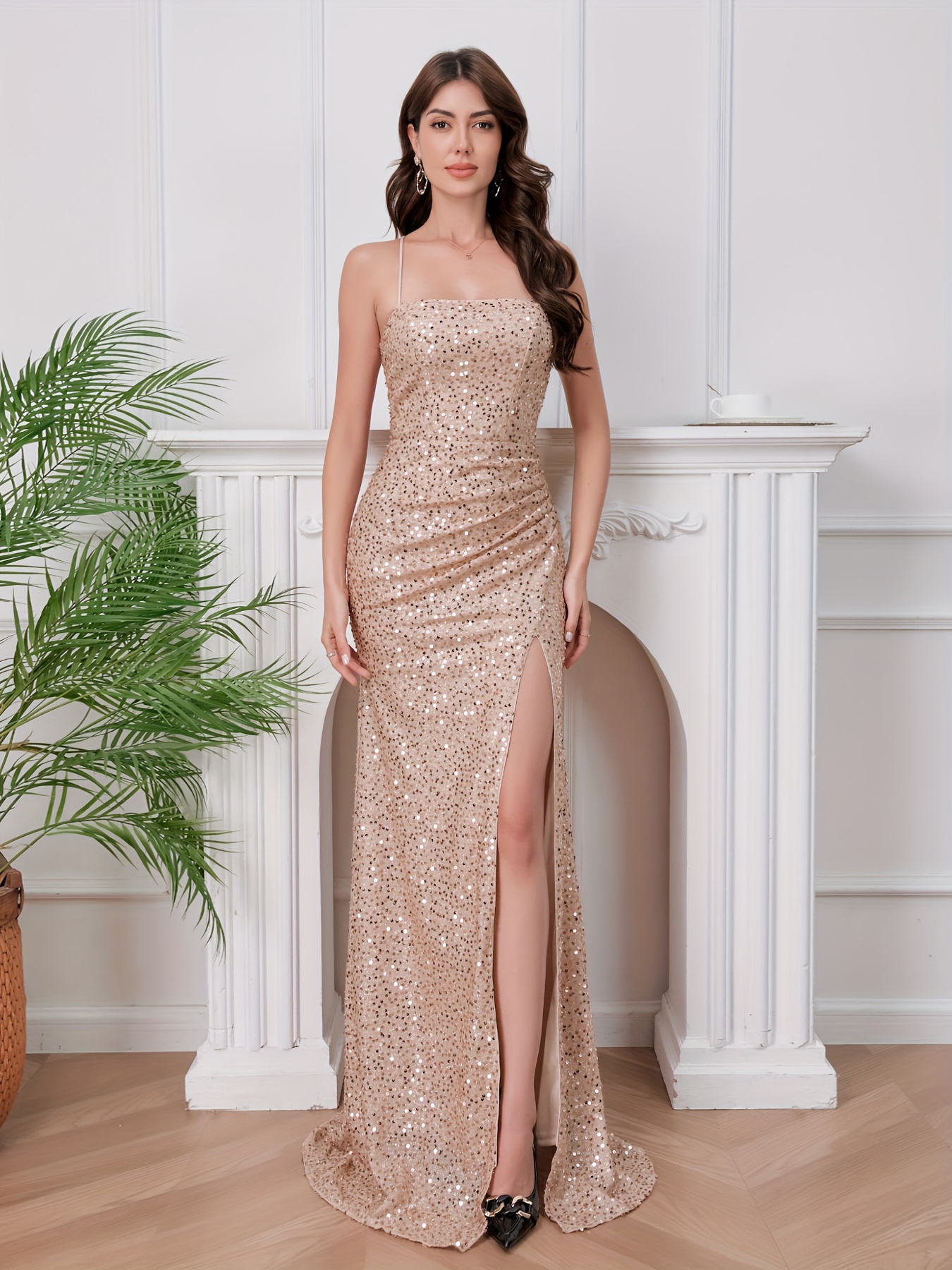 sequin strap waist cinching slit floor length dress - Temu United Arab  Emirates