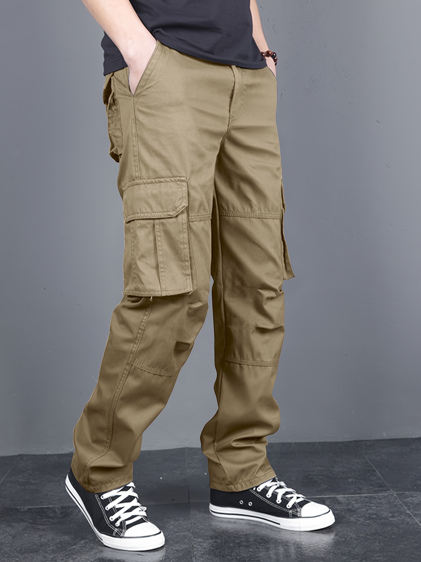 s Casual Khaki Cargo Pants with Multiple Pockets Street Style Loose Straight Trousers Polyester Blend Machine Washable Casual Attire