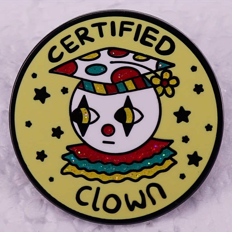 

1pc "certified Clown" Enamel Pin - Cute Cartoon Design With Hat & , Glittery Yellow Background, Alloy Badge For Halloween, Backpacks & Hats Decoration, Halloween Decorations