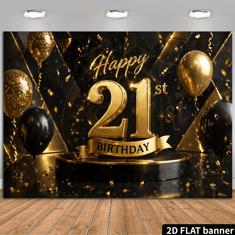 TEMU 2d Flat 21st Birthday Party Banner, Black And , 21st Birthday Theme, Golden Shiny Balloons, Black Balloons, Elements, Printed With Happy 21st