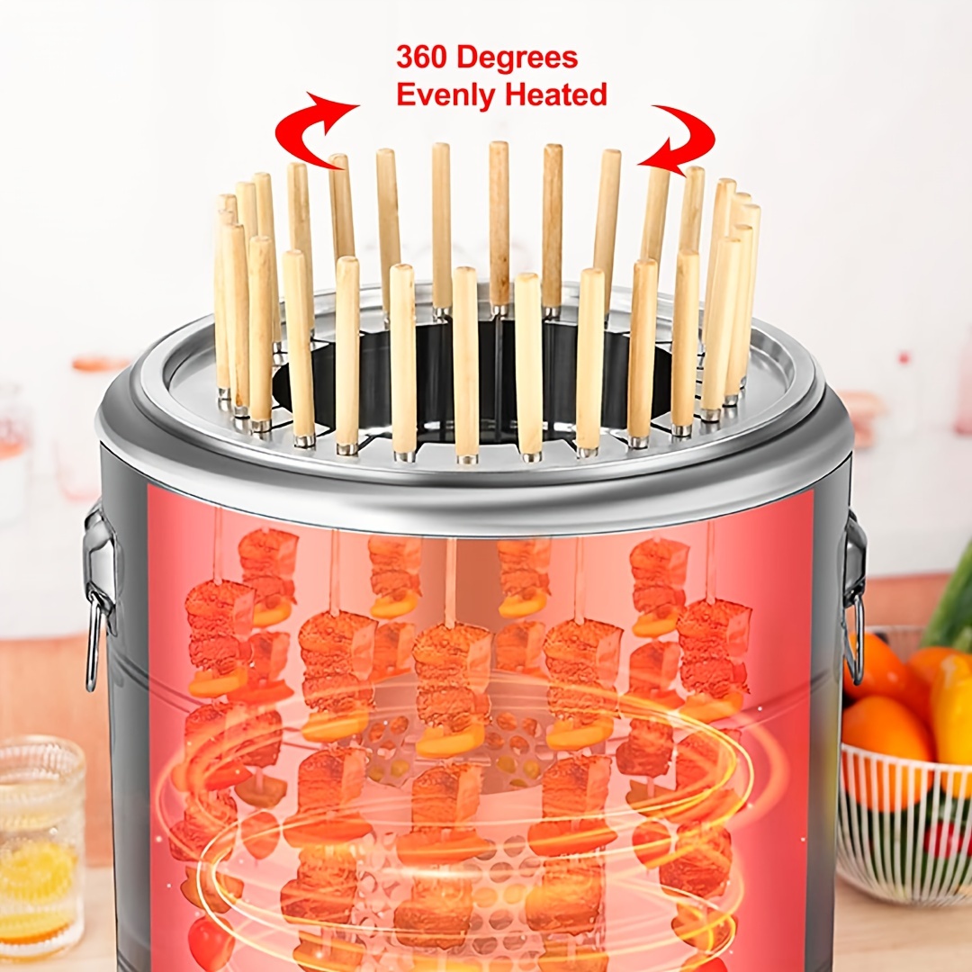 portable smokeless charcoal barrel grill smoked grill smokeless fire pot outdoor stainless steel surrounding grill skewer grill with 28 20 skewer racks cooking grid and drip tray grill tool set diameter 15 4 13 4 inches christmas gift ideal for parties picnics and camping details 2