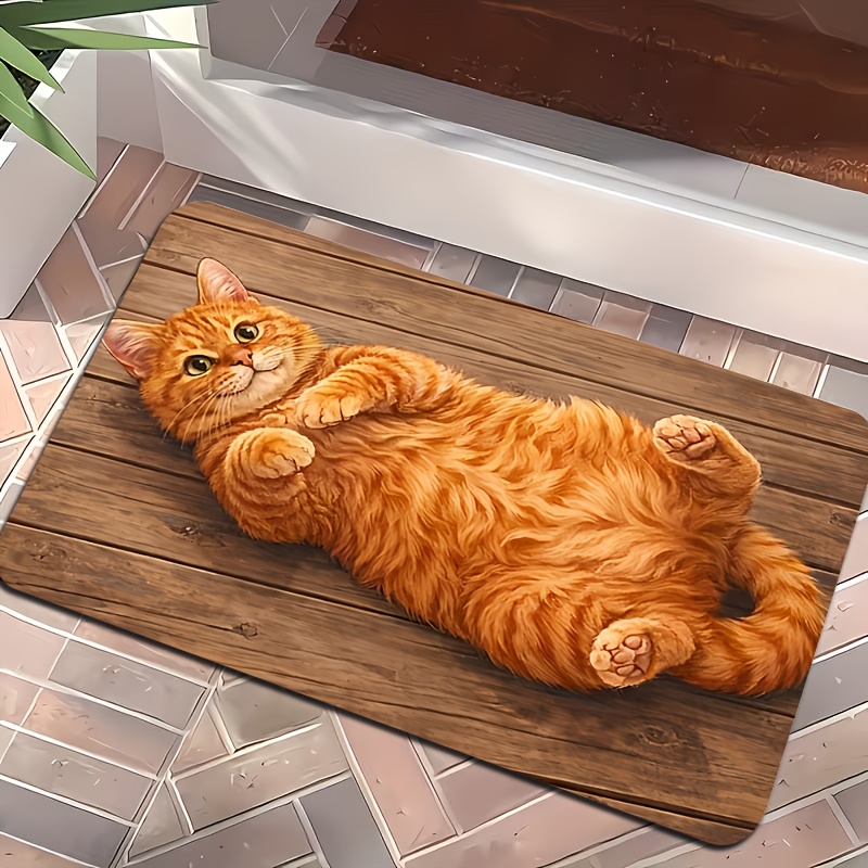 TEMU -2d Orange Cute Cat Pattern Door Mat, Non-slip Flannel Entrance Rug, Machine Washable, Soft And Comfortable, Suitable For Living Room, Bedroom,