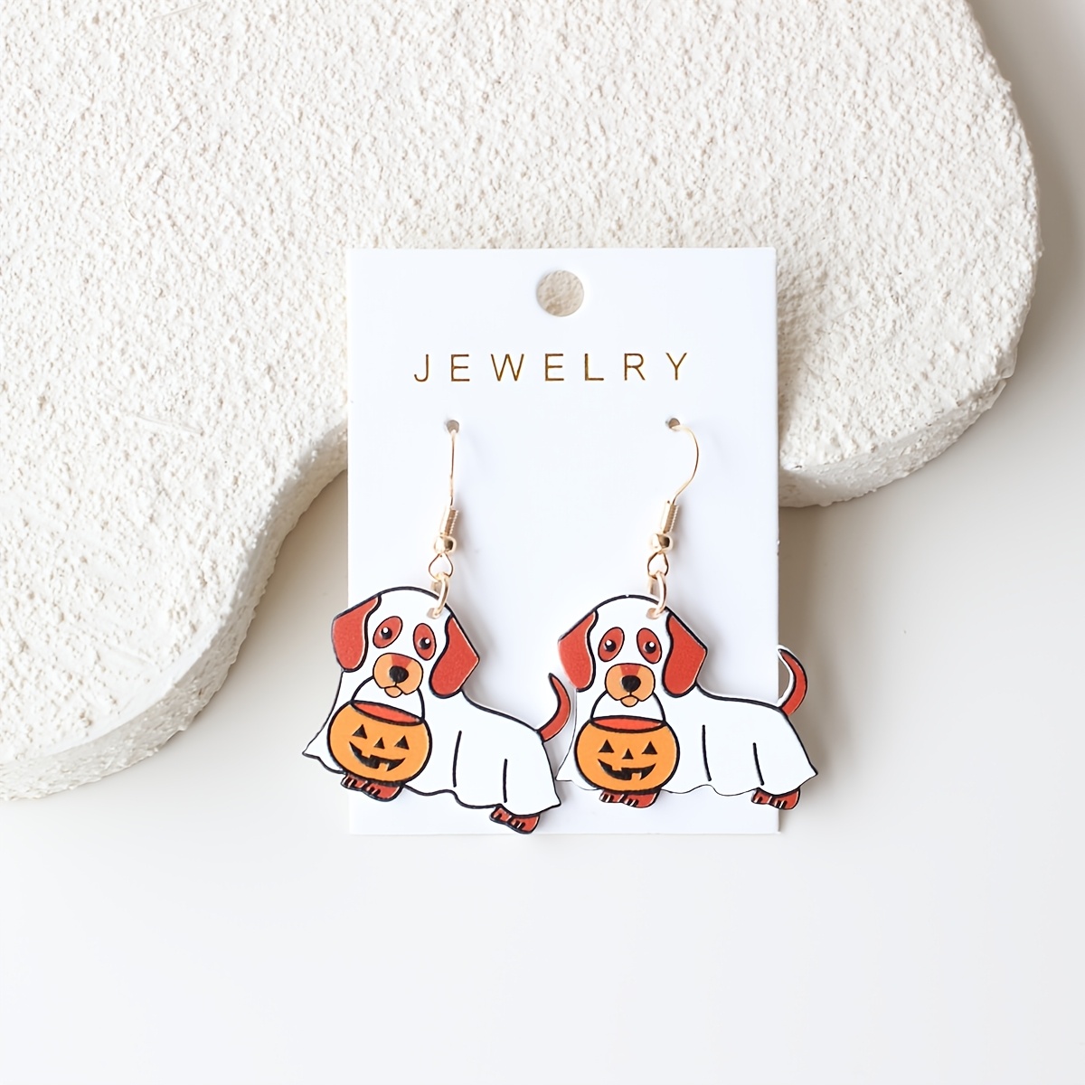 TEMU Halloween 1 Pair Acrylic Women' Earrings With Little Dogs Holding Jack-o'-lanterns, Pottery Texture Elegant Cute Suitable For Parties,