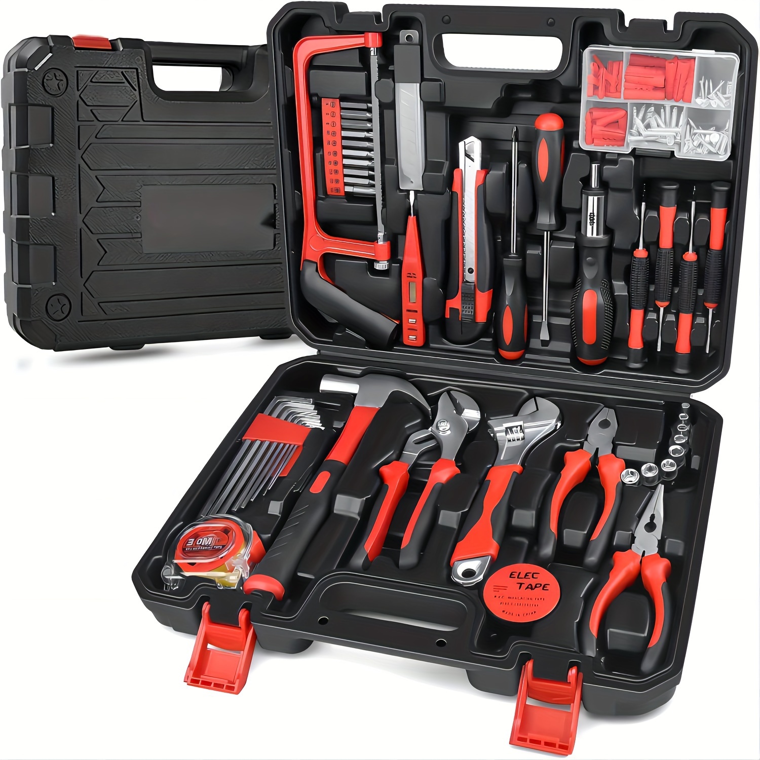 148pcs home tool kit complete hand repair set with portable case ratchet screwdriver pliers wrench tester perfect gift for diy enthusiasts men women red Product details 1