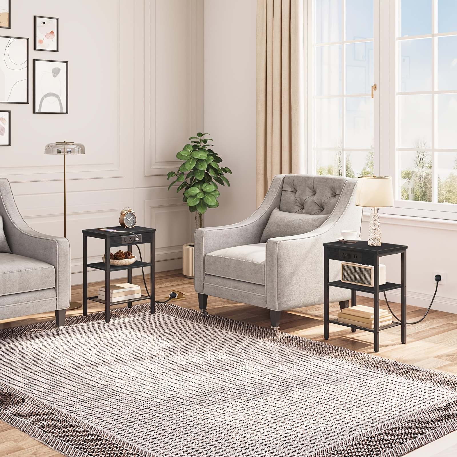 Brown Side Table with Charging Station and Adjustable Shelf