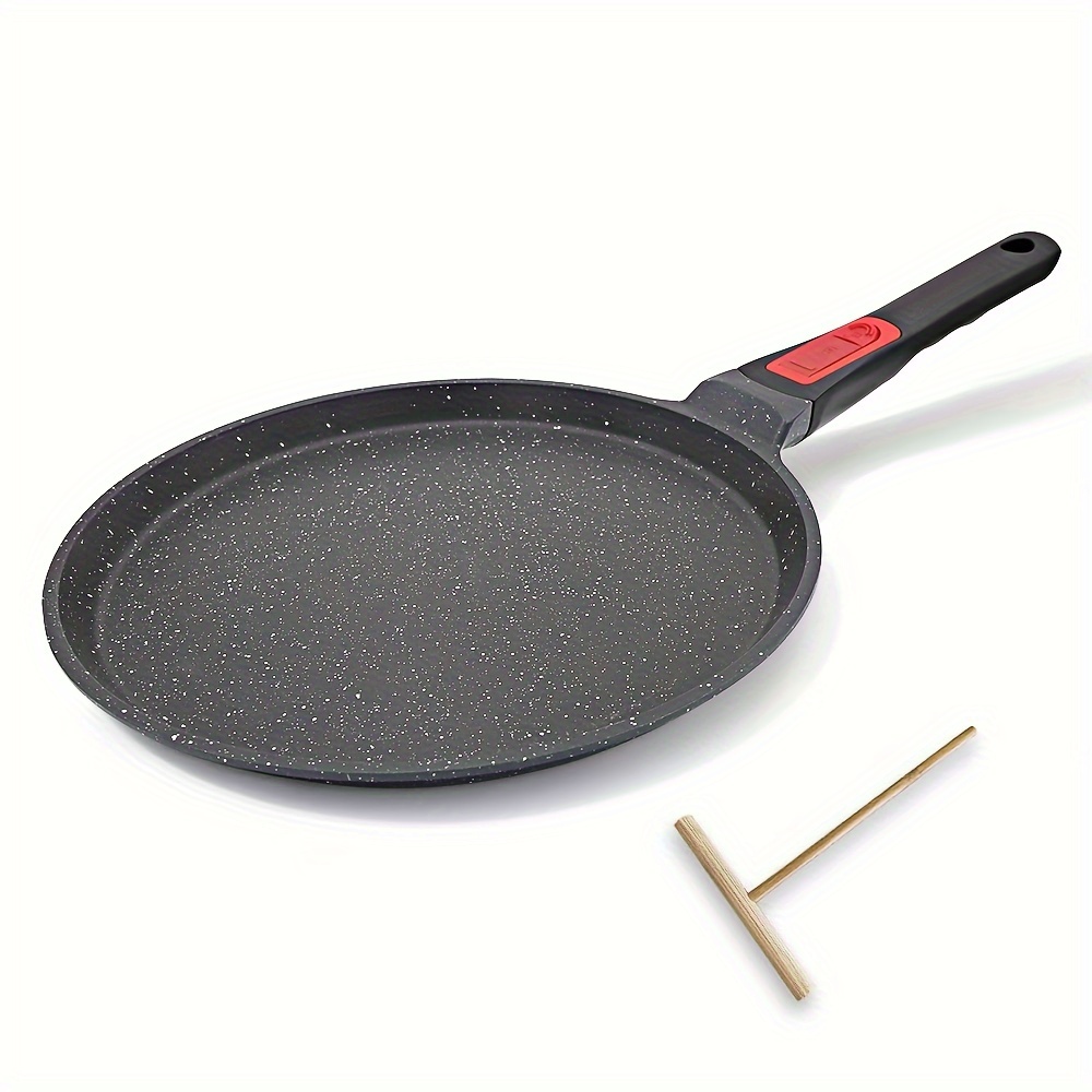 

10-inch Cast Aluminum Crepe Pan With Detachable Wooden Handle, Dishwasher Safe Induction Compatible Pancake & Tortilla Maker - Black