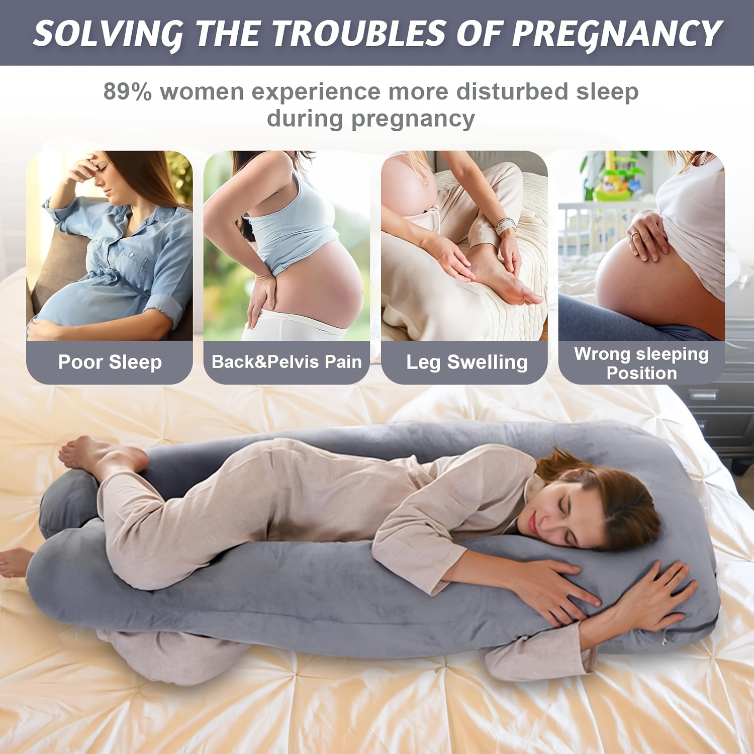 Side Sleeping Pillow with Cover, Ergonomic U-Shaped Design. Adjusts for Abdominal And Hip Support. Multi-Positioning Pillow Conforms to Your Natural Body Shape, Providing Comfortable Sleeping Positions for Back, Stomach, And Side Sleepers