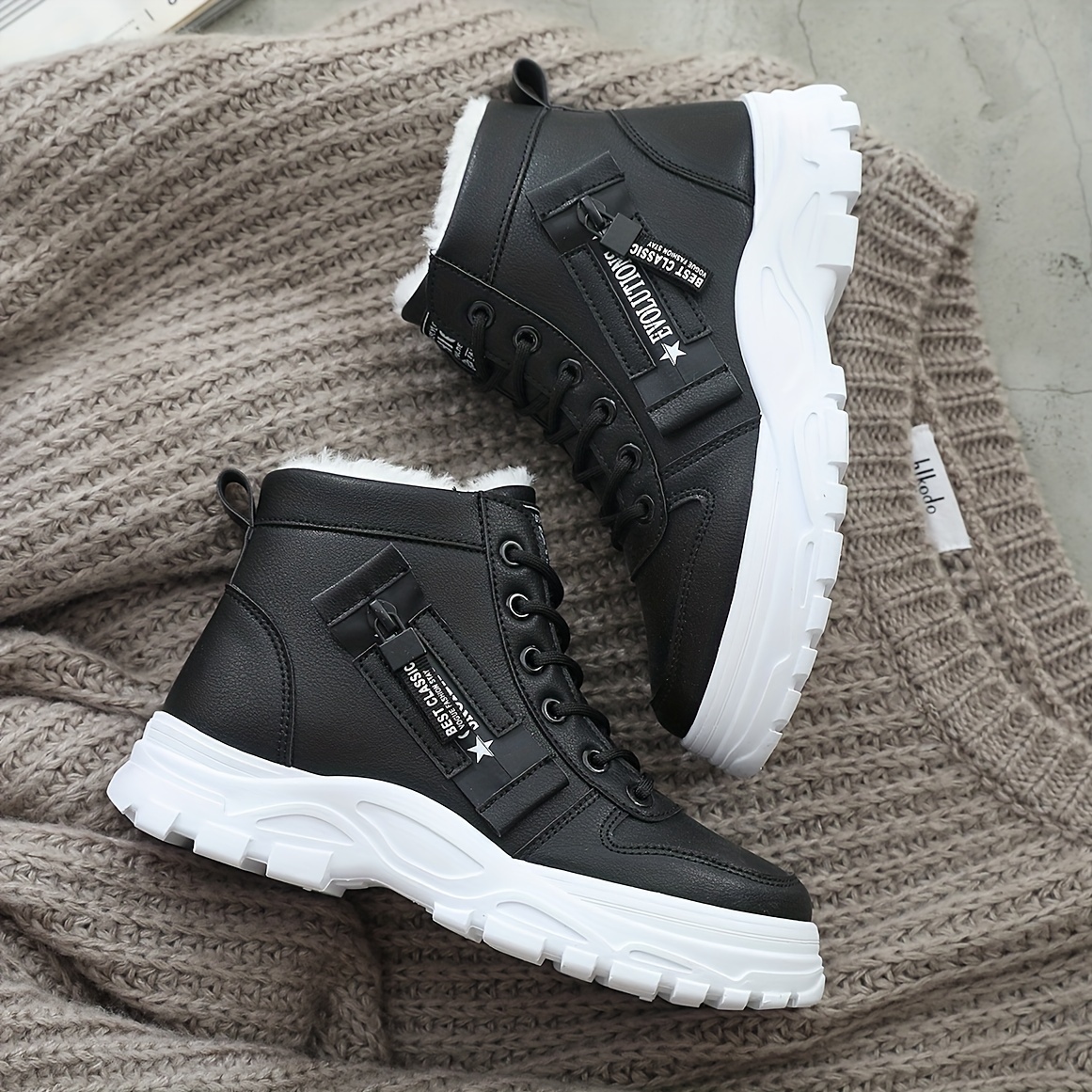 Botas de invierno para mujer CNSN, con forro polar, suela de goma, tacón medio, color negro y blanco, ideales para salidas casuales, viajes y actividades al aire libre, calzado de invierno, botas de invierno con estilo, interior con forro polar