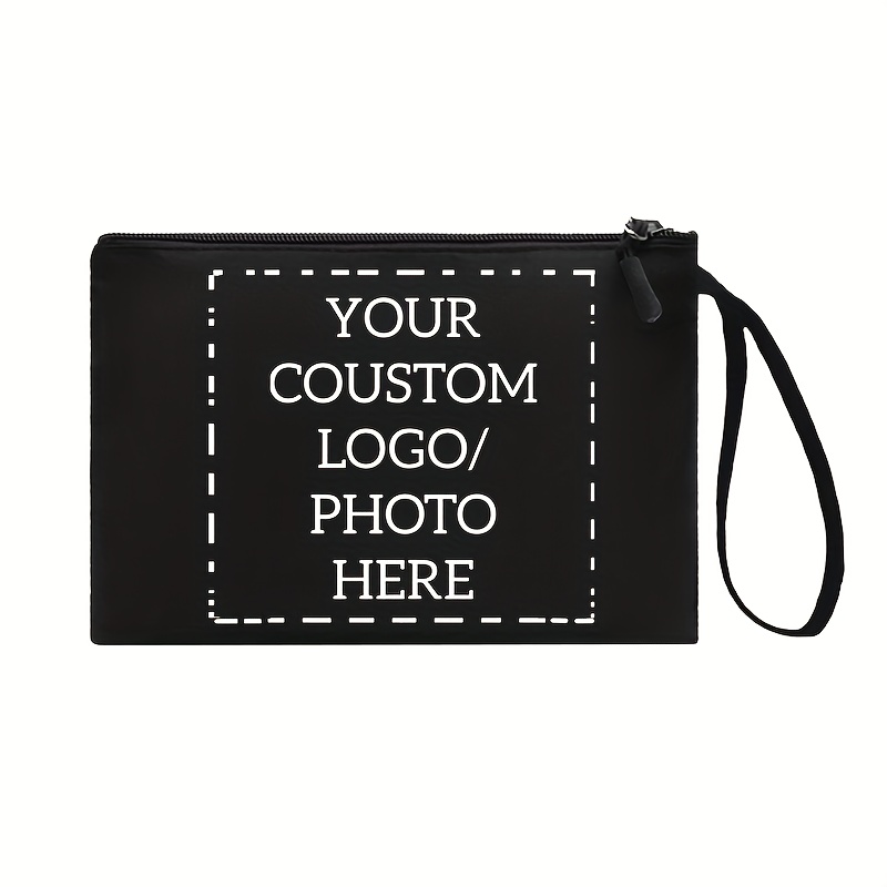 TEMU Borse da trucco con logo/foto personalizzate, borsette cosmetiche personalizzate con cinturino da polso, borse da toilette nere resistenti,