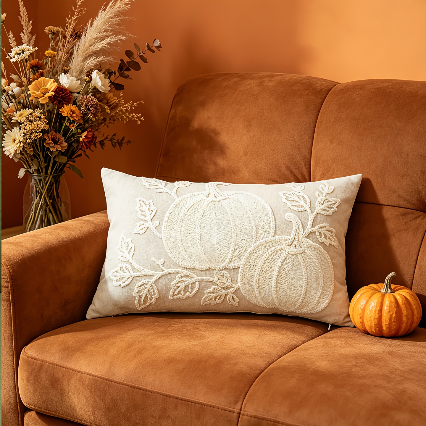 TEMU 1 Housse de coussin décorative d'automne , motif de citrouille brodé sur toile, fermeture éclair invisible, housse de coussin, convient pour , à