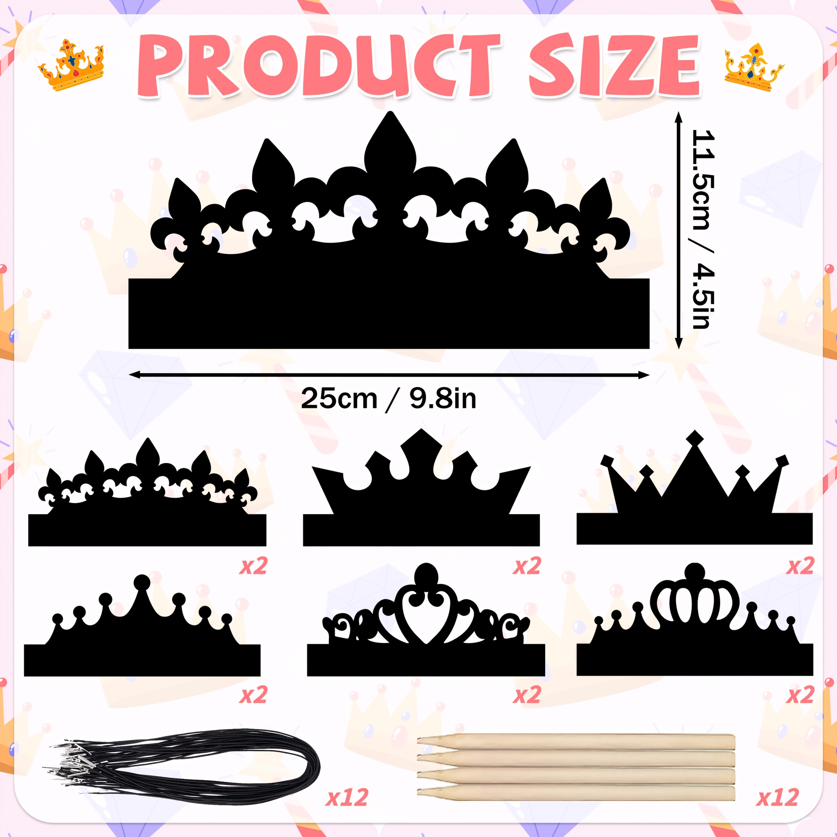 12/24pcs Paper Rainbow Crowns Scratch Art Cards Craft Set, King Or Queen Crowns Theme Birthday Party Activities Decor, 6 Styles Design