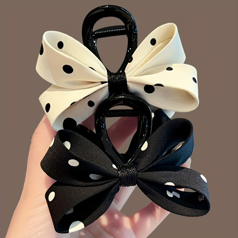 

Elegant Black & White Polka Dot Bow Hair Claw - Vintage-inspired Fabric Shark Clip For Women, Ideal For Date Night &