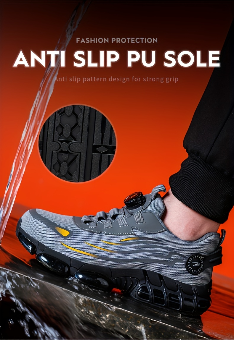 Men's Anti-Smashing Anti-Puncture Safety Work Shoes - Breathable Lace-Free Elastic Closure, Soft PU Sole with Metal Toe Cap, Retro Striped Design for Hiking, Outdoor & Daily Wear, Hiking Boots