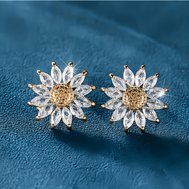 TEMU 1 Pair Of Fashionable Bling Bling Sparkling Sunflower Flower Earrings Inlaid With Artificial Synthetic Cubic Synthetic Zirconia High-end Elegant