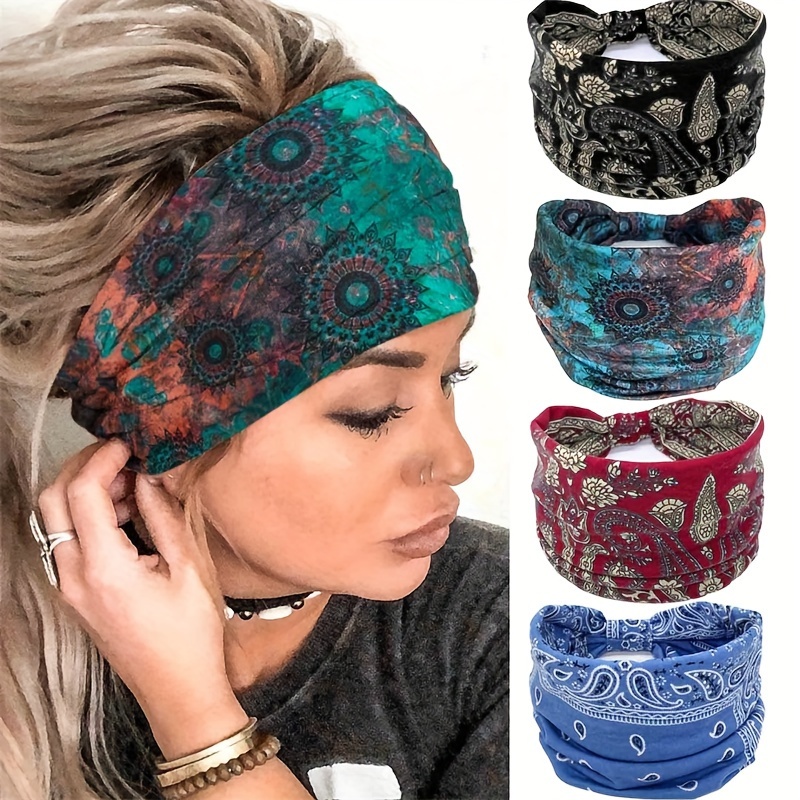 

4pcs Women's Wide Headbands, Solid Color Knot Turban, Large Bohemian Style Hairbands, Fashionable Hair Wraps For Yoga, Running & Sports, Elegant & Simple Style