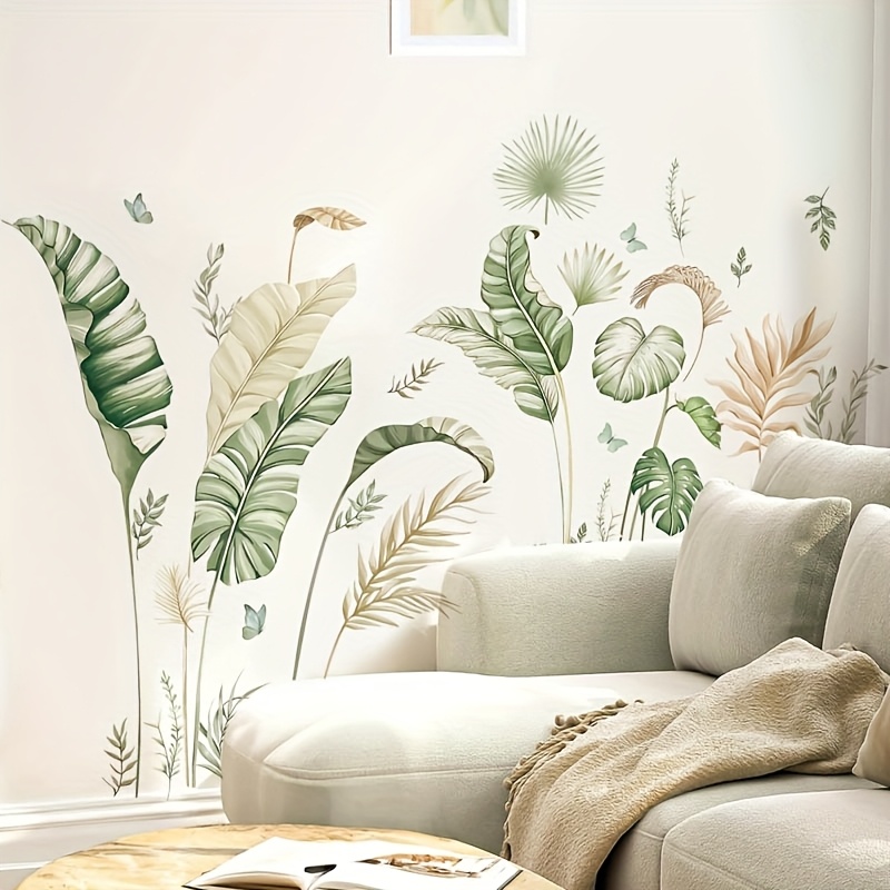 Image of Fresh Light-colored Banana Leaf Fallen Leaves Dandelion Wall Stickers, Decorating Living Room Bedroom Study Kitchen Dining Room Self-adhesive Paintings, Removable Pvc Wall Stickers