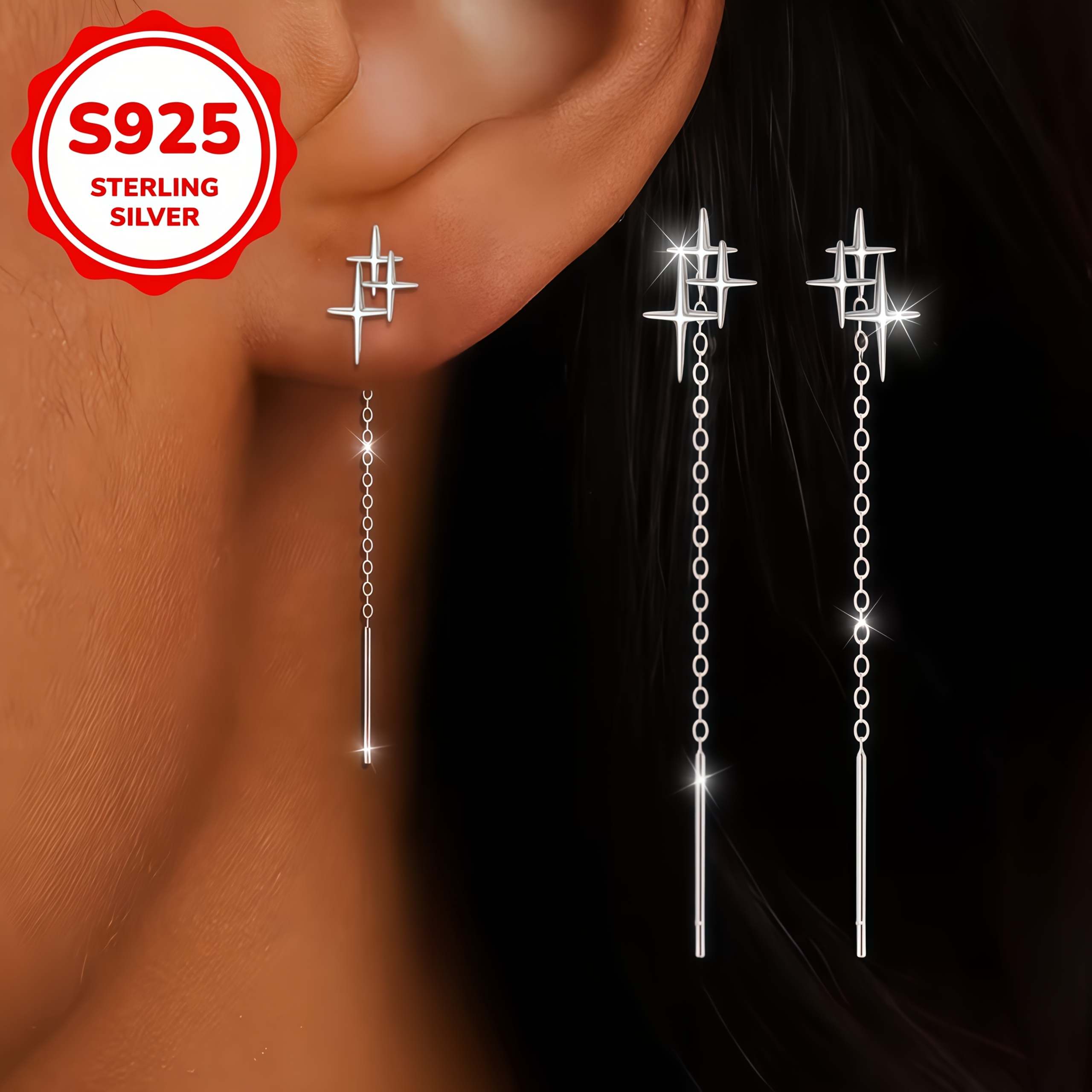 TEMU Une paire de boucles d'oreilles pendantes à pompons et multi-pentagrammes en argent pour la Saint-Valentin, style bohème vintage, adaptées pour