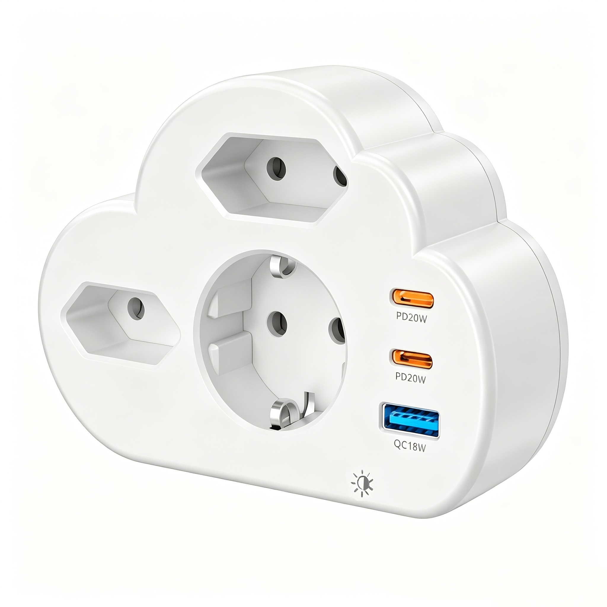Image of Cloud-shaped Eu Power Adapter, 6-in-1 Or With Power Switch, 3/2 Ac Outlets, 2 Usb-c Pd20w & 1 Usb-a Qc18w, Built-in Night Light, Compact Multi-socket Extender For Bedroom, Office And Dorm