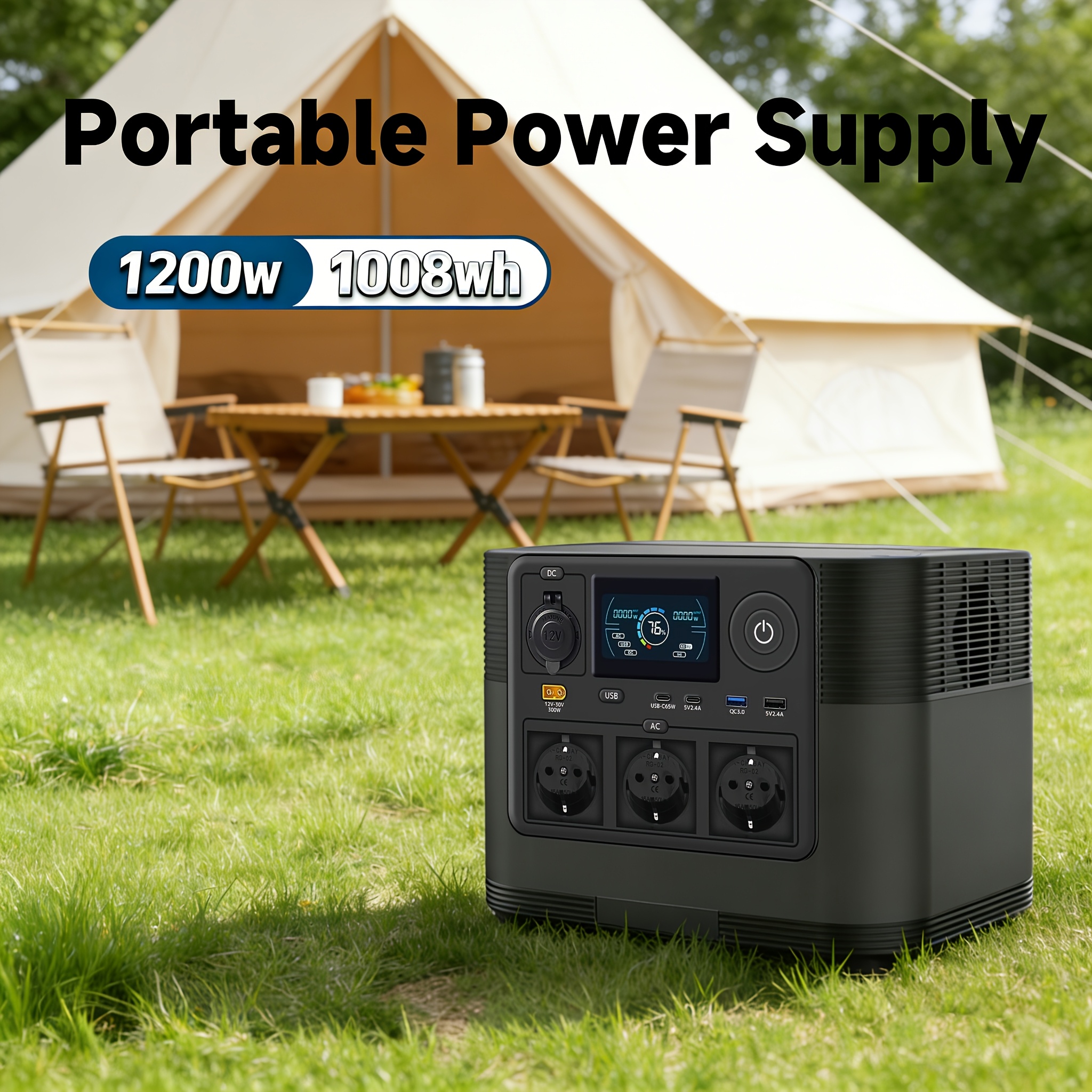 1200w/1800w Portable Power Generator, High Capacity 1008wh/315ah, Rv Outdoor Power Station With Lcd Display, 3 European Standard Sockets, Suitable For Rvs, Cars, Outdoors, Camping, Travel, Fishing