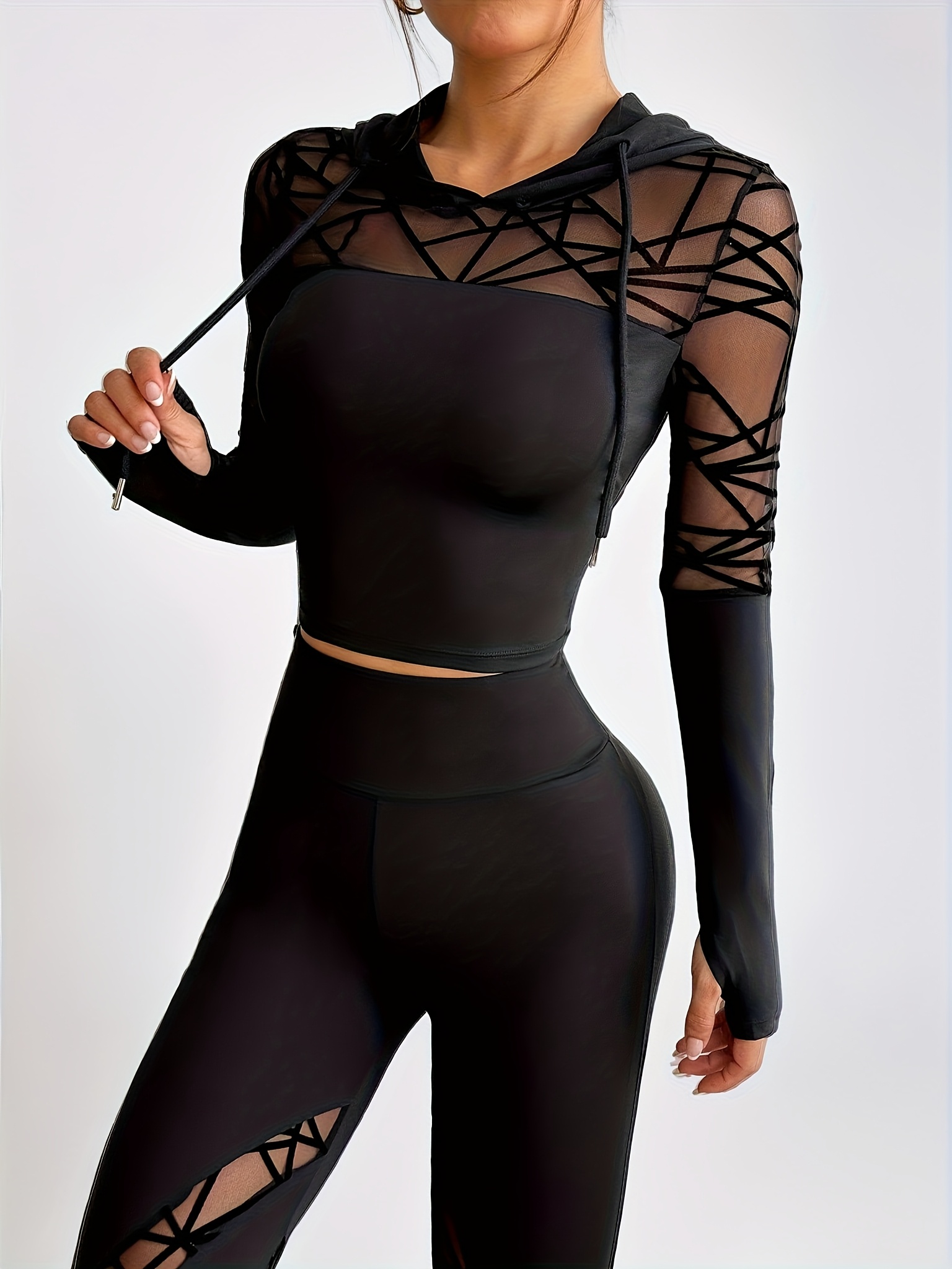 [semi sheer mesh sweatshirt] women's semi sheer mesh hooded sweatshirt solid color geometric pattern, long sleeve athletic top