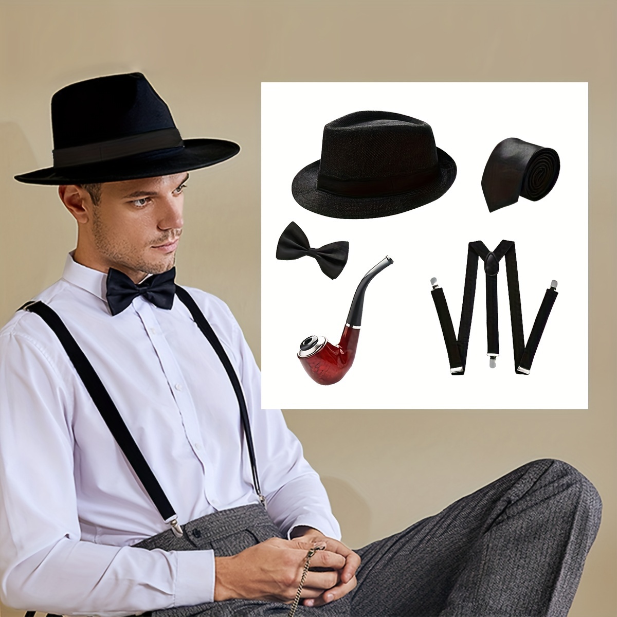 

D 5pcs Costume Set For Men - Elegant 1920s Accessories With Panama Hat, Satin Tie & Y-back Suspenders