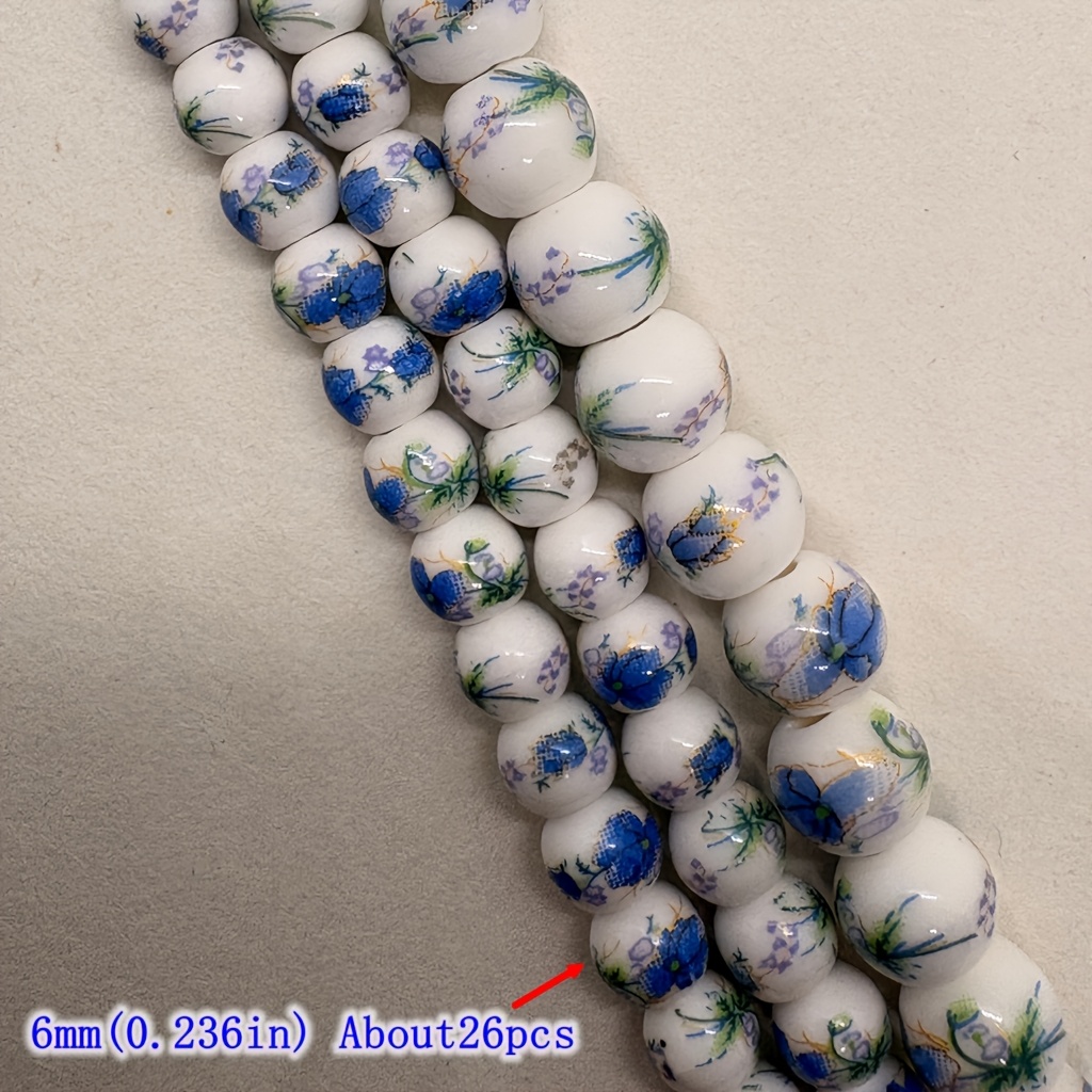 TEMU Vintage White Ceramic Beads (20/26/16pcs) & Blue Green Floral Spacer Beads (8/6/10mm) - Supplies For Bracelets Necklaces Weaving Curtain Decor