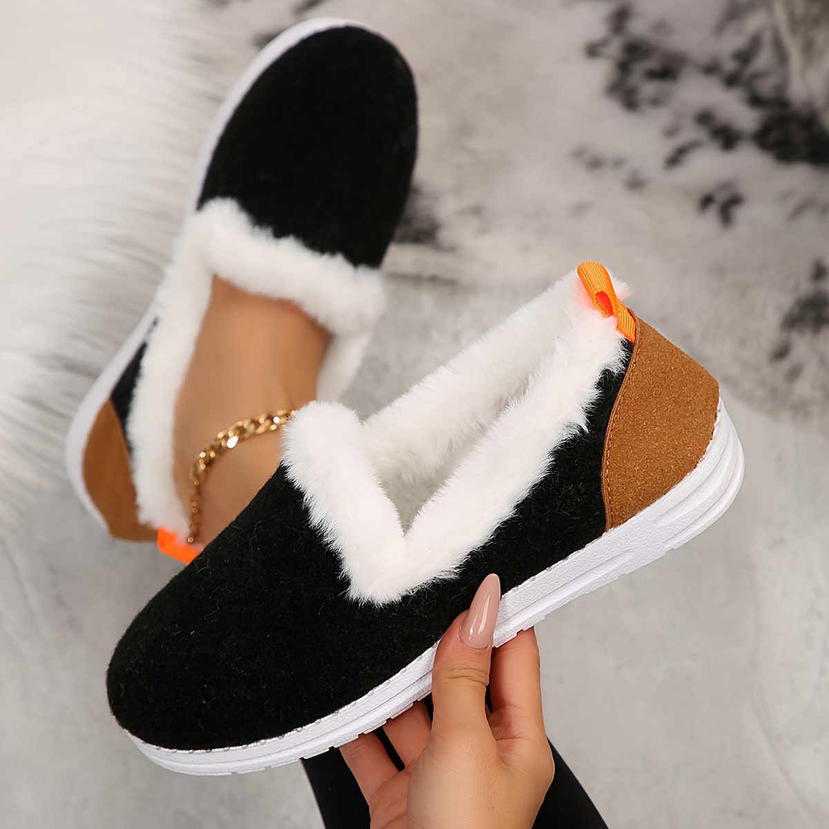 womens winter plush like penny loafers soft warm round toe slip on shoes with white rubber sole cozy fabric insole hand washable indoor   style low cut flats for cold weather white 3