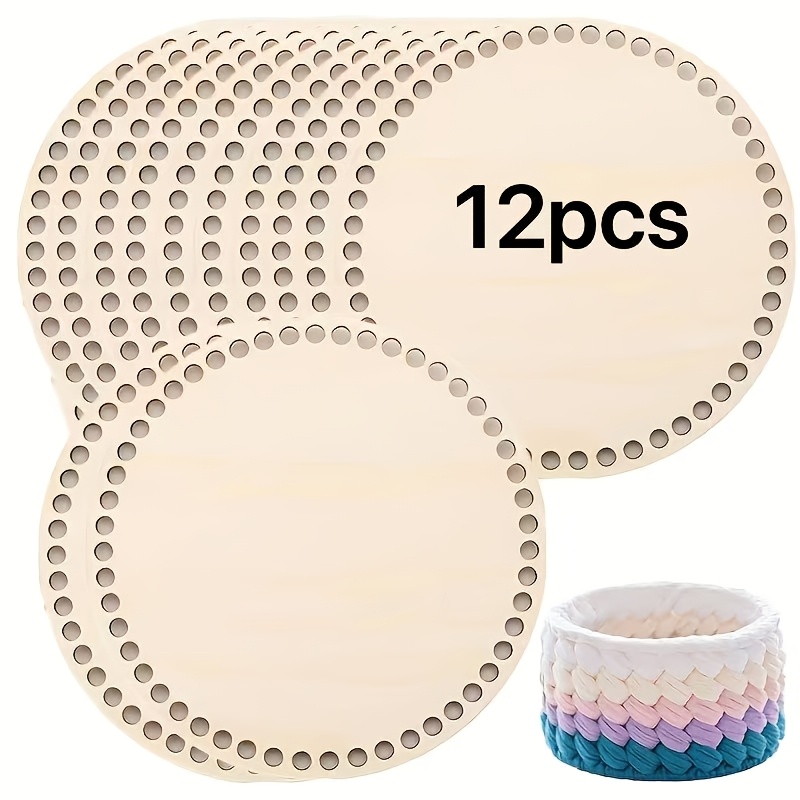 Image of 12pcs Diy Woven Basket Frame Storage Box With Wooden Base, Handcrafted Crochet Wooden Base In Natural , Round Wooden Board With Holes, Essential Tool For Crafts, Round Bag Base