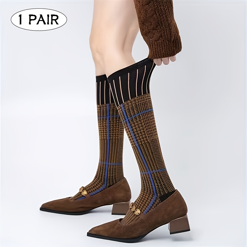 Image of 1 Pair Autumn And Winter Mid-calf Socks Retro College Style Spring And Autumn Korean -blocking Ribbed Socks Women And Ladies Long Socks