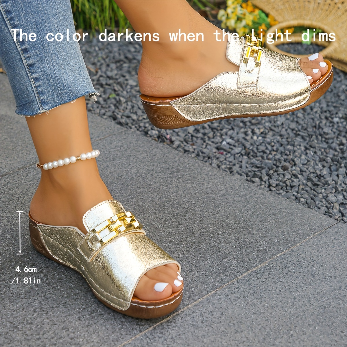 

Women's Summer Wedge Slide Sandals, Peep Toe Soft Sole Slip On Shoes, Buckle Detail Outdoor Shoes