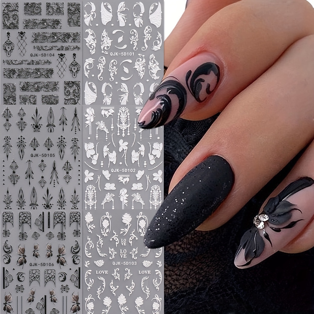 

6 Sheets 5d Embossed Nail Art Stickers, Black And White Flower Design Nail Art Decals For Nail Art Decoration, Self Adhesive Nail Art Supplies For Women And Girls