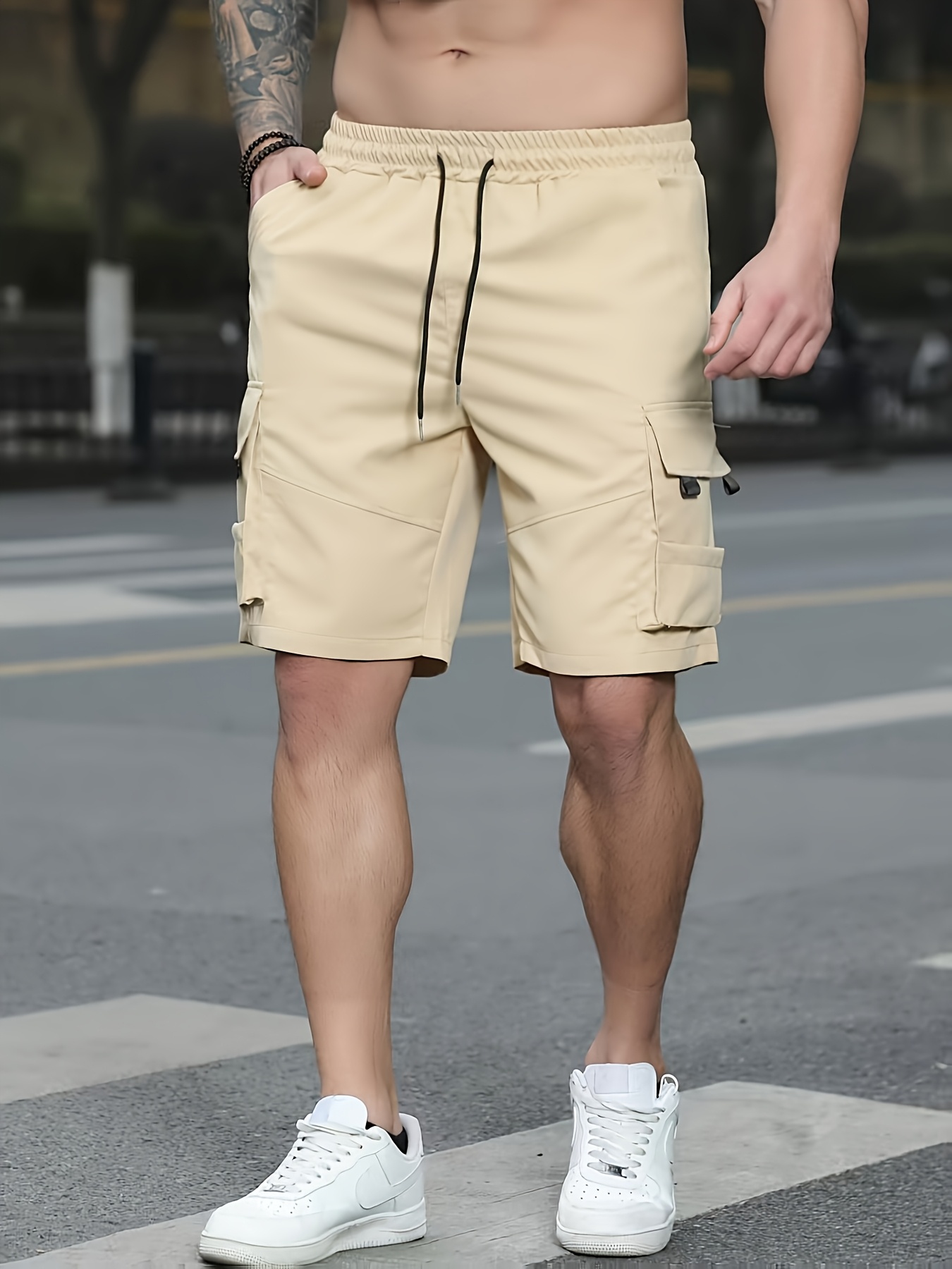 men's casual cargo shorts olive green drawstring waist Temu