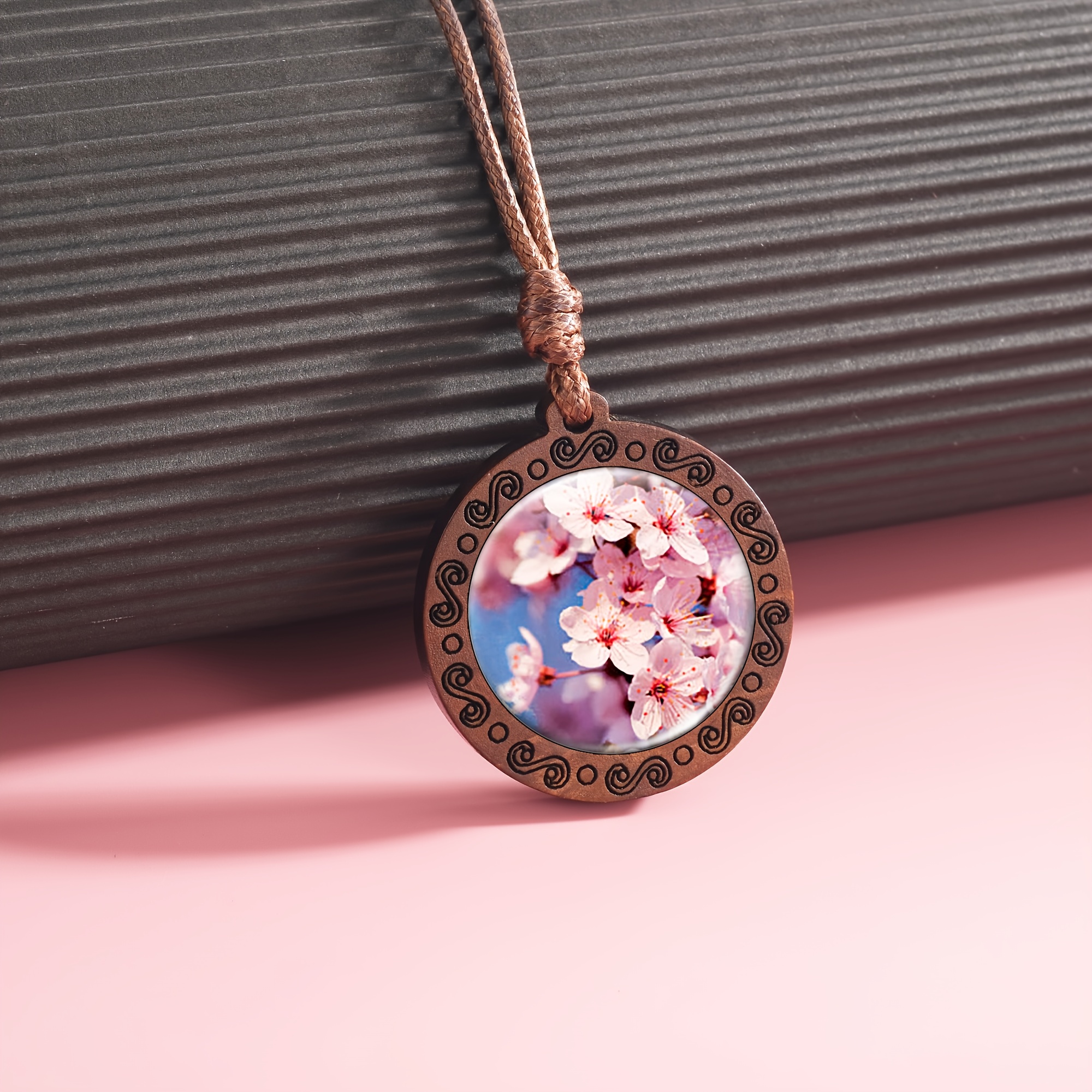 Handcrafted Wooden Necklace Pendant, Spring Cherry Blossom Design