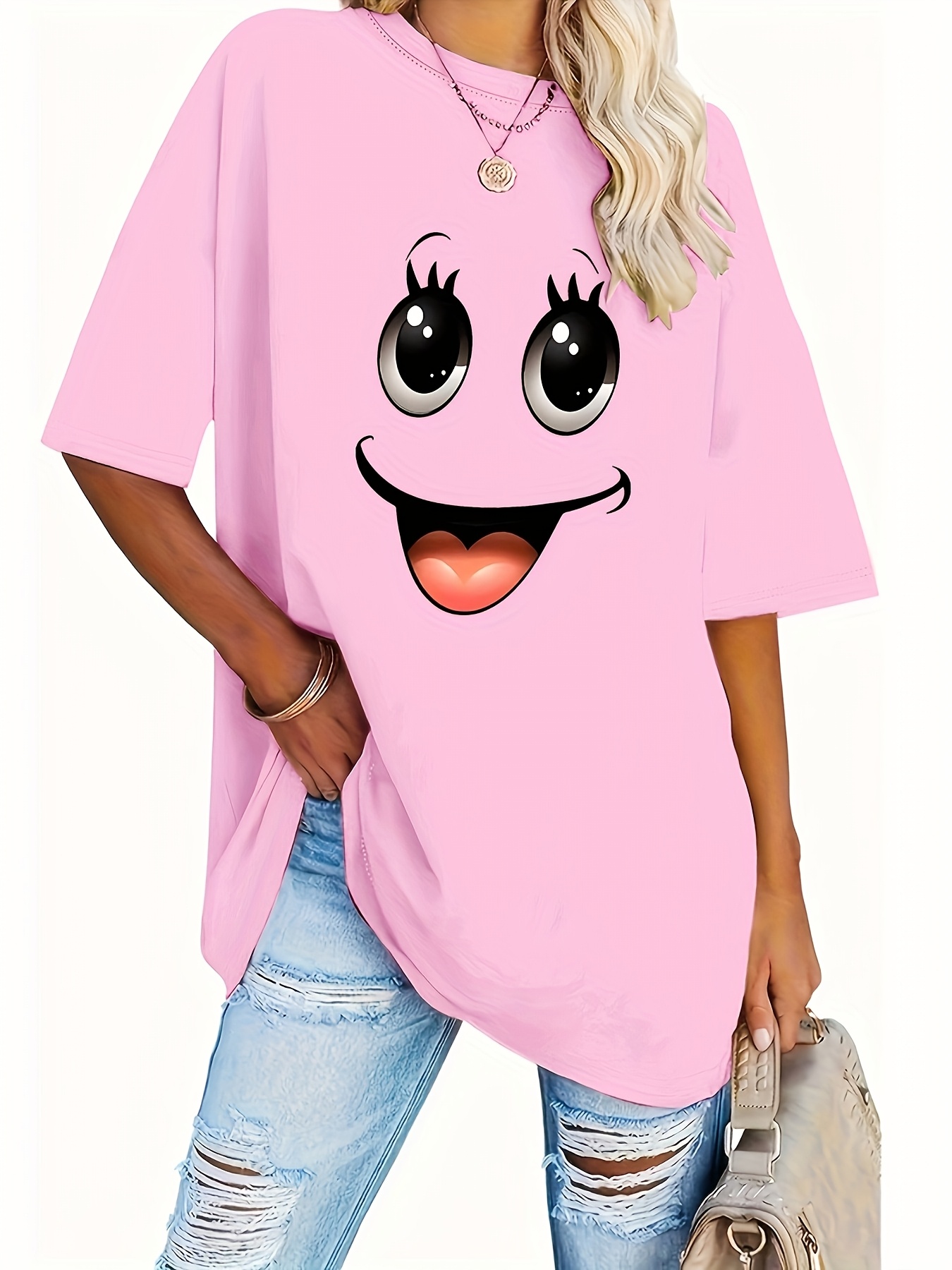 Women'S Plus Size Casual Crew Neck Short Sleeve Geometric Pattern Polyester Knit Fabric Slight Stretch Summer and Spring Tops