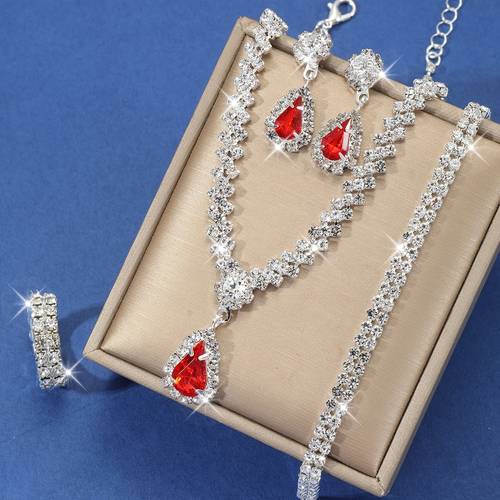 shining teardrop pendant jewelry set luxurious bride wedding party necklace earrings bracelet ring set