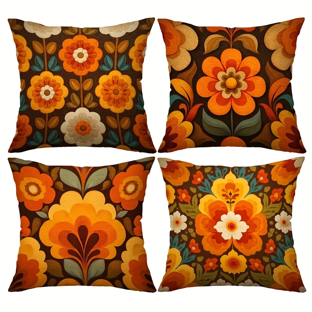 TEMU Ensemble de 4 taies d'oreiller vintage années 70 avec floraux, créant une ambiance nostalgique , parfaites pour les salons et les canapés,