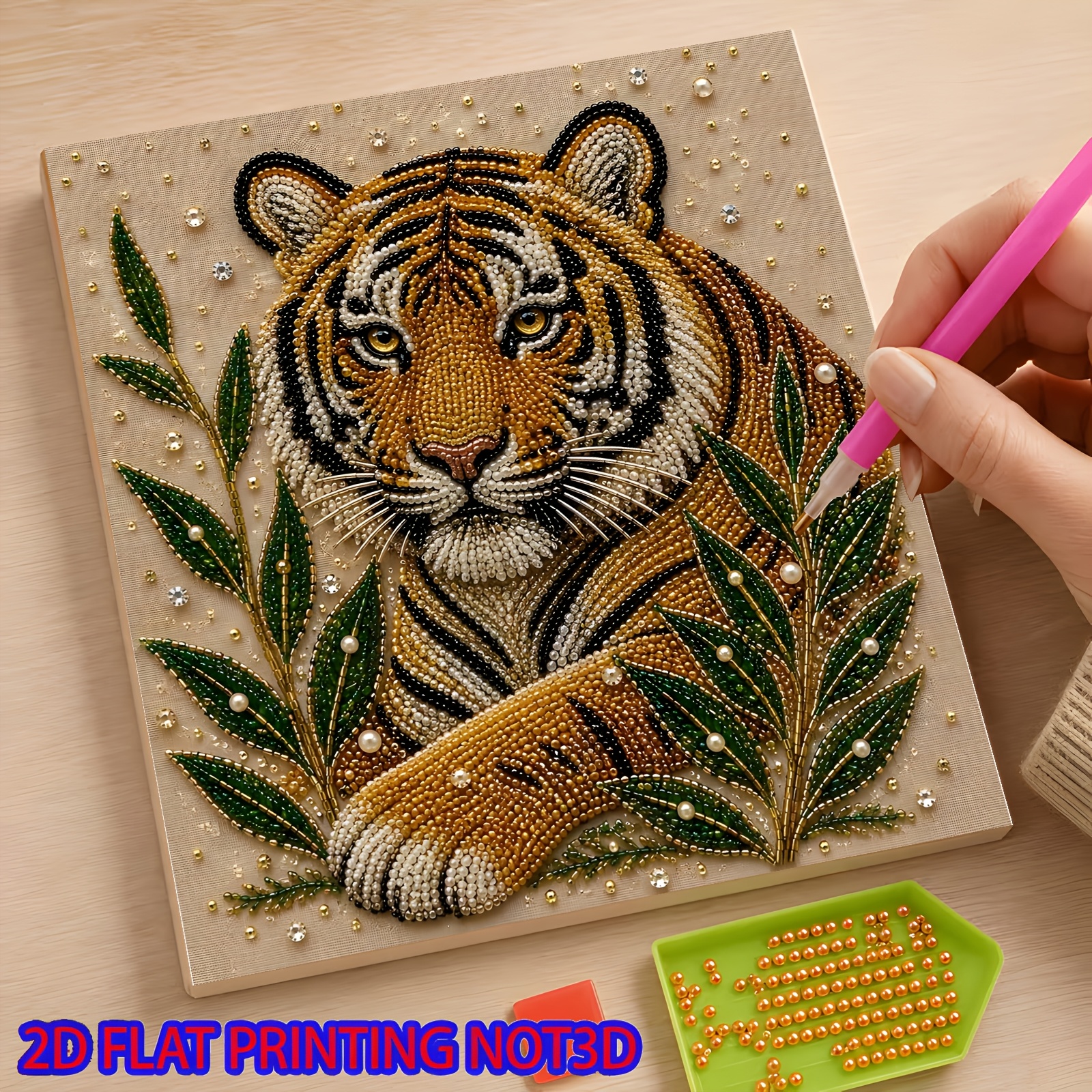 TEMU 2d Flat 1pc Brocade Pattern Tiger Christmas Themed Frameless Pearl Diamond Painting, Diy Handmade Mosaic For Living Room Bedroom Halloween