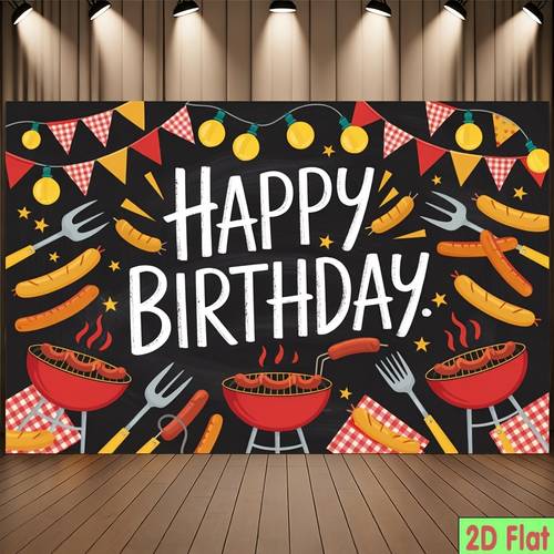 2d flat 2d flat 1 2d flat party banner celebrating a birthday with a bbq grill theme featuring a sausage fork and picnic made of polyester for event decoration in homes courtyards and gardens suitable for photography
