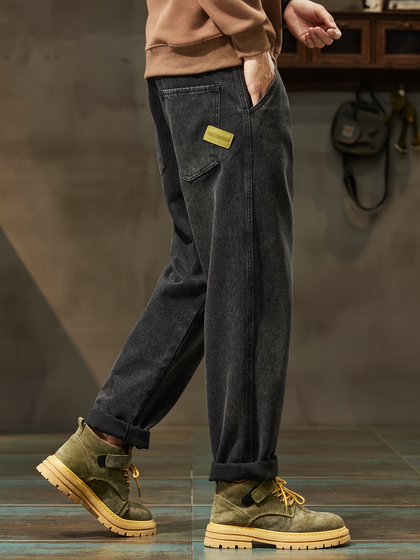 Men's High-Waist Loose Fit Black Denim Jeans - Straight Leg, Casual Street Style, Comfortable & Versatile for Casual Attire, Straight Leg Jeans, Highwaisted Pants, Trendy Streetwear, Washed Texture Denim, Solid Color Design