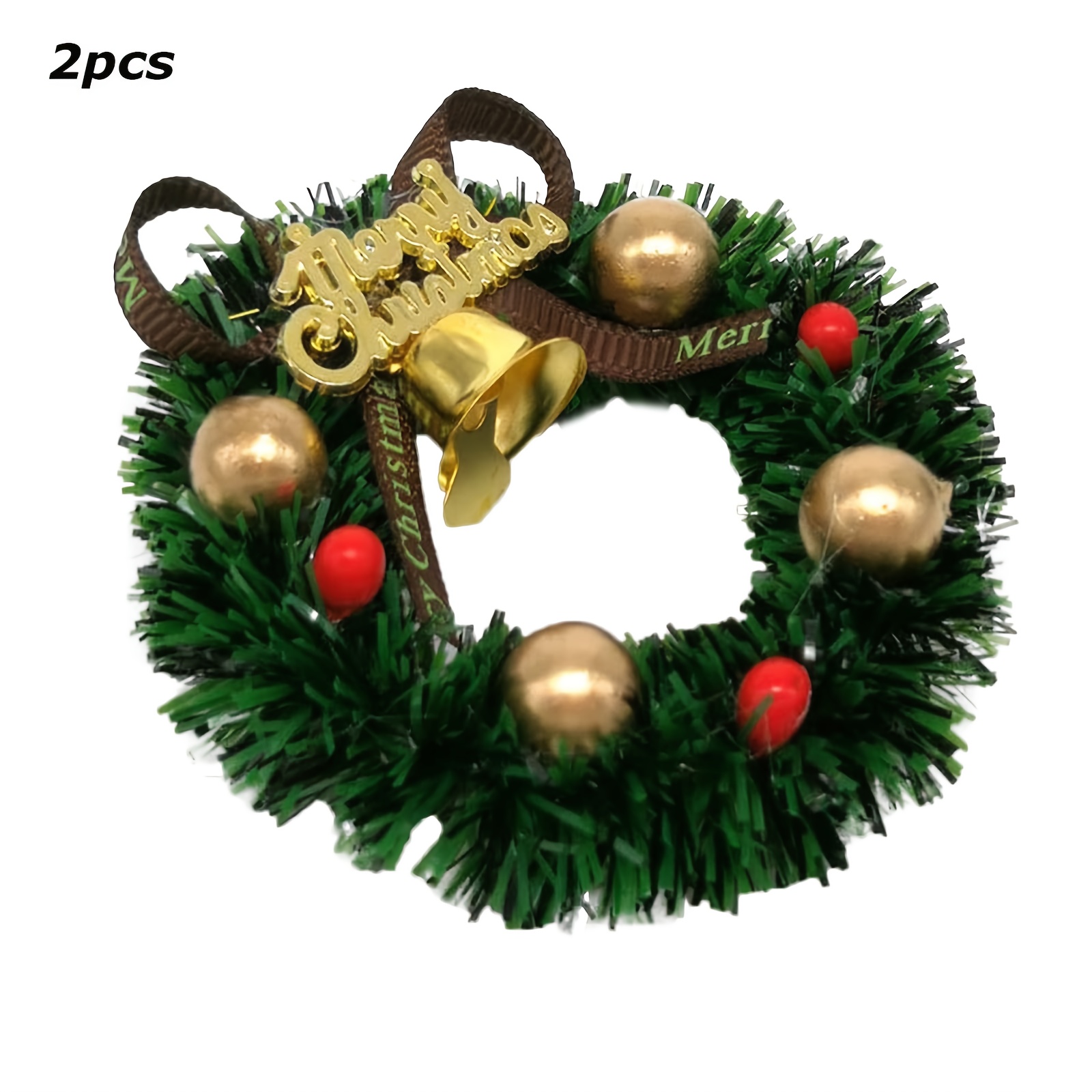 Image of Set Of 2 Mini Christmas Wreaths With Bows, Miniature Christmas Tree Ornaments For Dollhouses, Festive Decorations