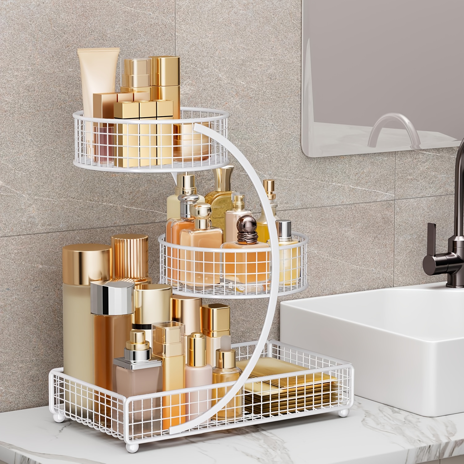 TEMU 3-tier Metal Bathroom Vanity Organizer - No , Space-saving Countertop Storage Rack With Wire Mesh Shelves For Lipstick, Skincare, Cosmetics &