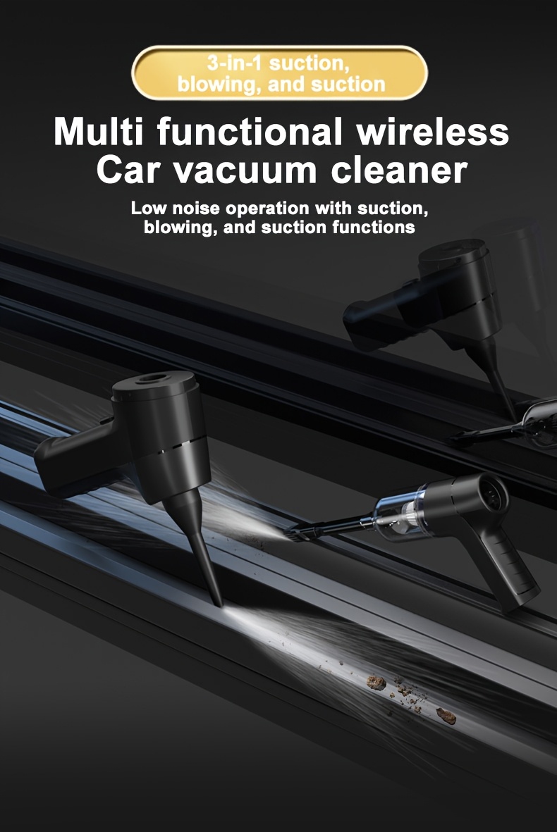 Aspiradora inalámbrica con tres funciones: succión, aspiración y soplado. Alta potencia, larga duración de batería, ideal para limpiar polvo, residuos y pelo de mascotas en casa o coche, incluye accesorios adicionales
