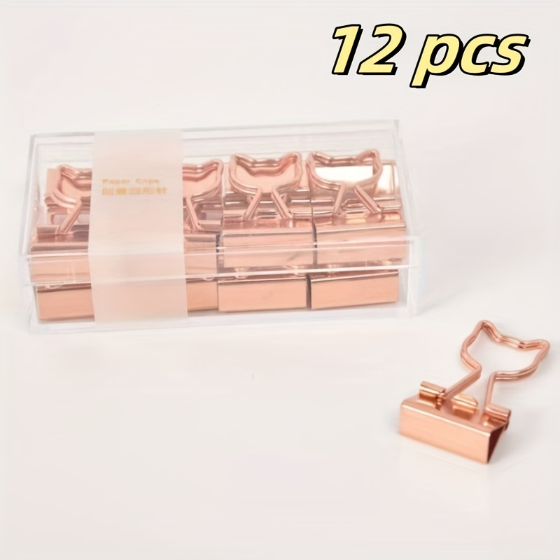 

12pcs Rose Golden Cat-shaped Metal Paper Clips - Cute Office & Study Supplies For Photos, Receipts & Notes