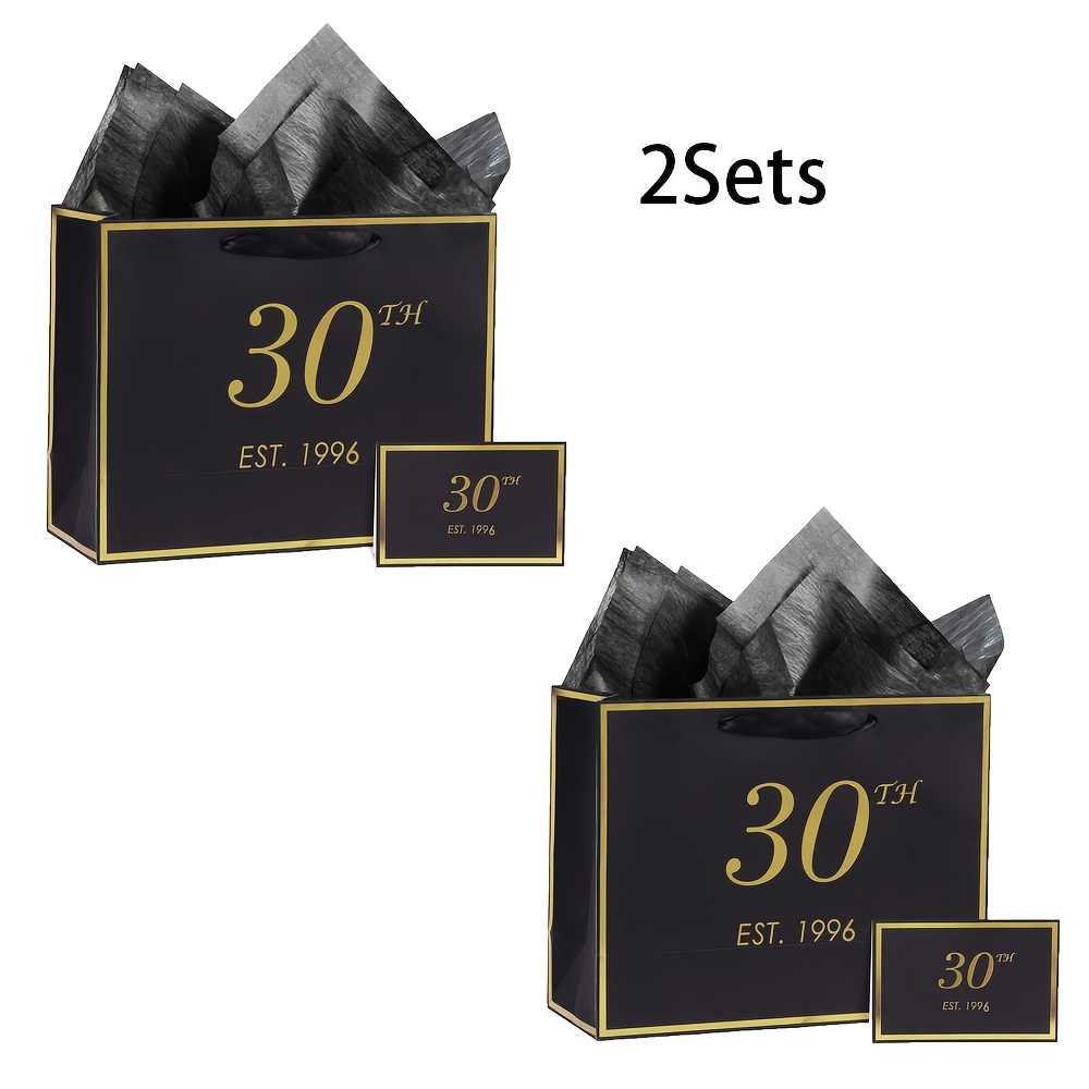 TEMU 2sets/5sets,30th Birthday Gift Bag With Card And Tissue Paper For Men Women, 1996 30 Year Old Elegant Black Golden Anniversary Keepsake Party