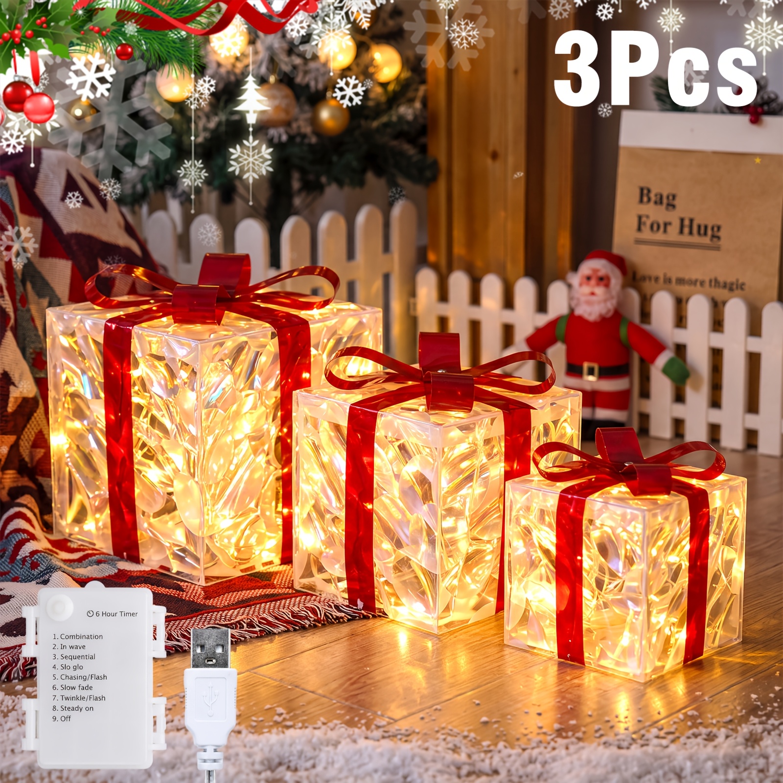 TEMU 3-pack Christmas Shining Gift Power Options Battery And Usb 8 Red Bow Holiday Gift Versatile Decor Yard Lawn Birthday Party Xmas Gift Christmas