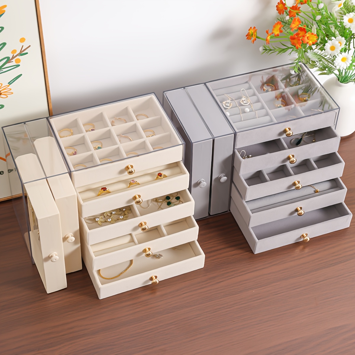 large capacity jewelry organizer box with multiple compartments for earrings rings necklaces bracelets durable plastic desktop storage box with golden handles polished   fabric lined interior ideal for valentines day christmas gifts jewelry gift box jewelry boxes Product details 1