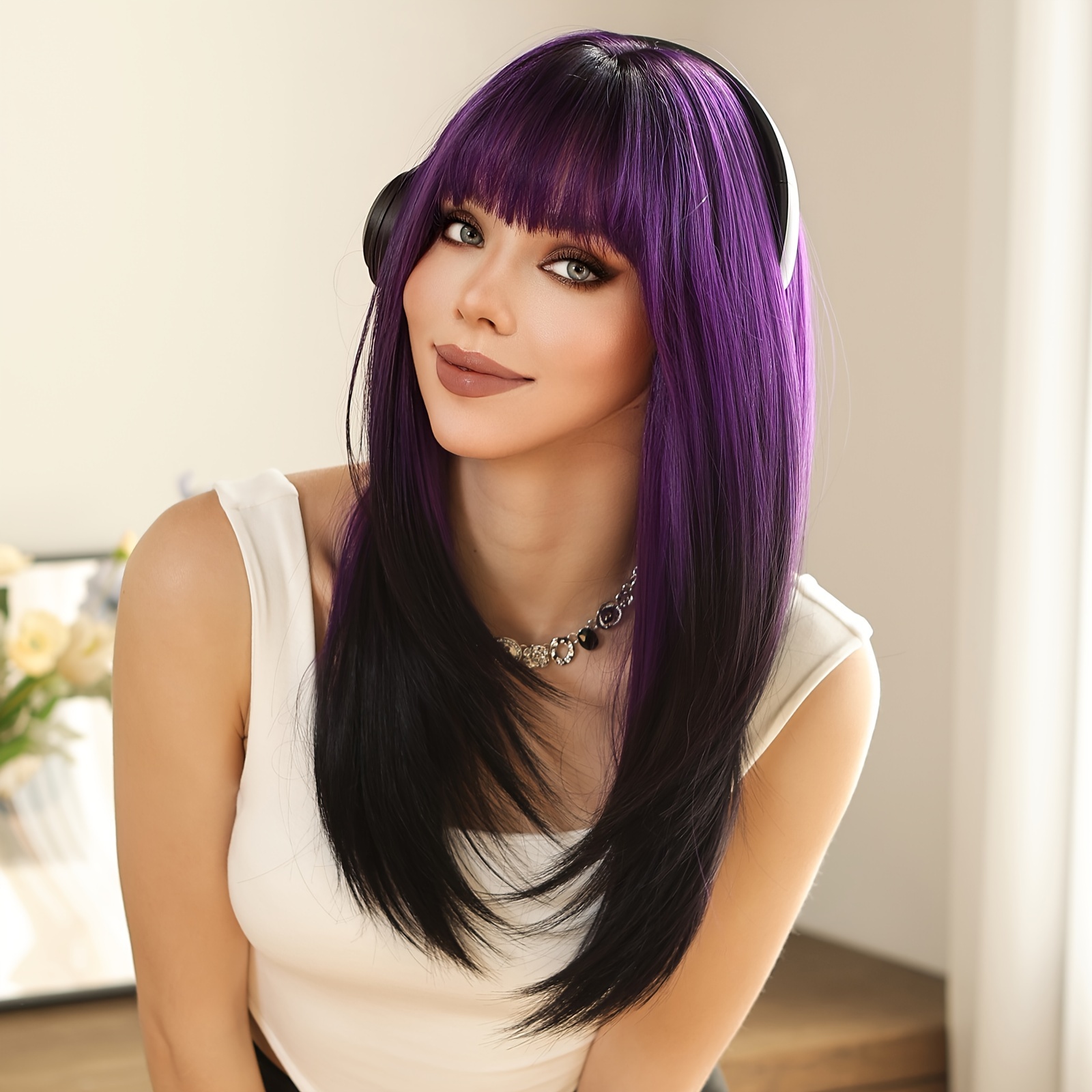 

Women's Long Straight Purple Ombre Synthetic Wig - 22-inch High-temperature Fiber, , 150% Density, Cap, All- Wig For , Cosplay, Music Festivals, Halloween, And Christmas Events